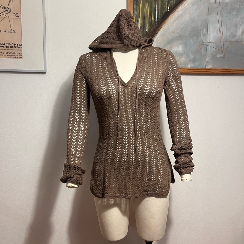 Brown Open-Knit Hooded V-Neck Sweater